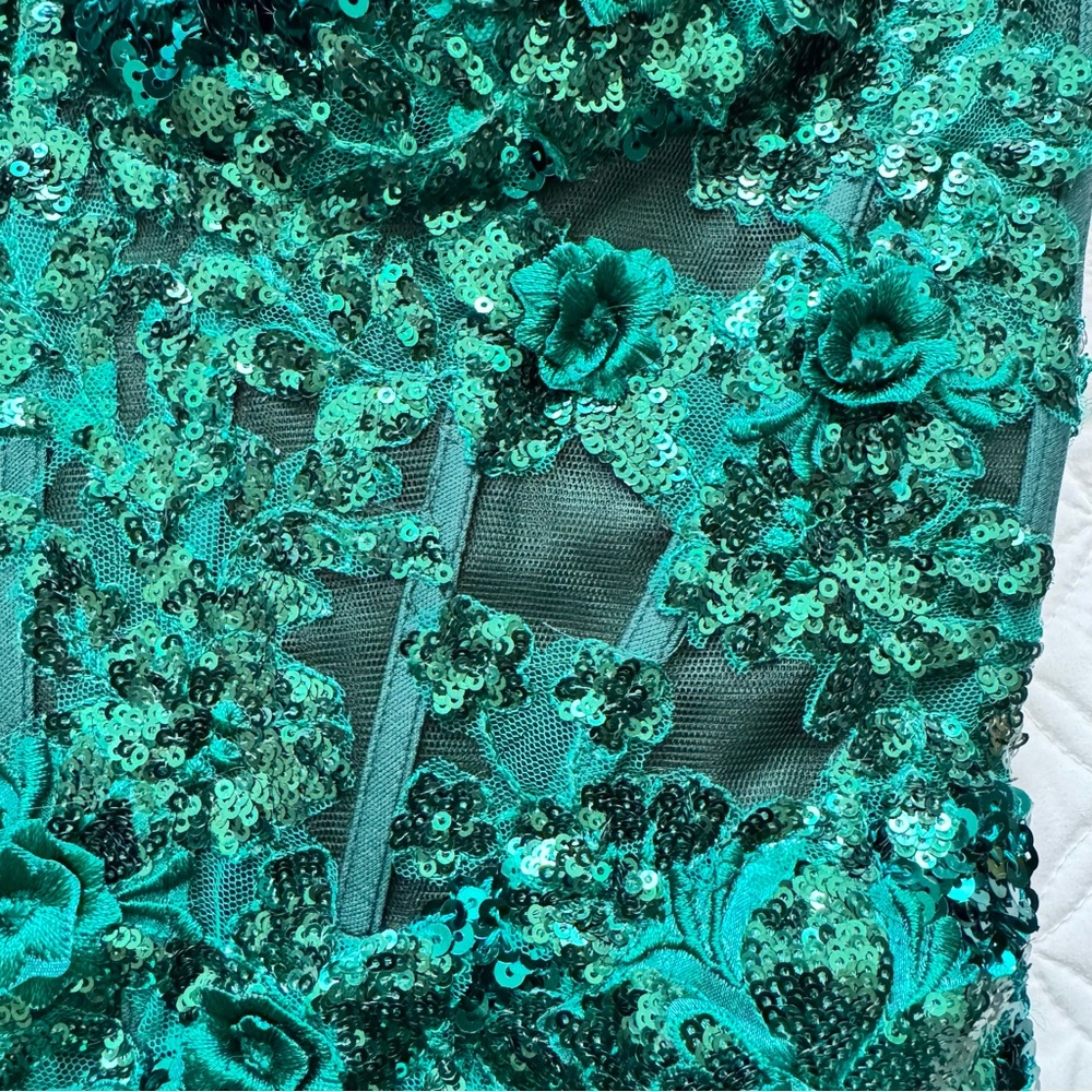 STACEES Dark Green Floral Sheer Corset Sequin Mini Spaghetti Strap Dress Sz 2 - Picture 10 of 16